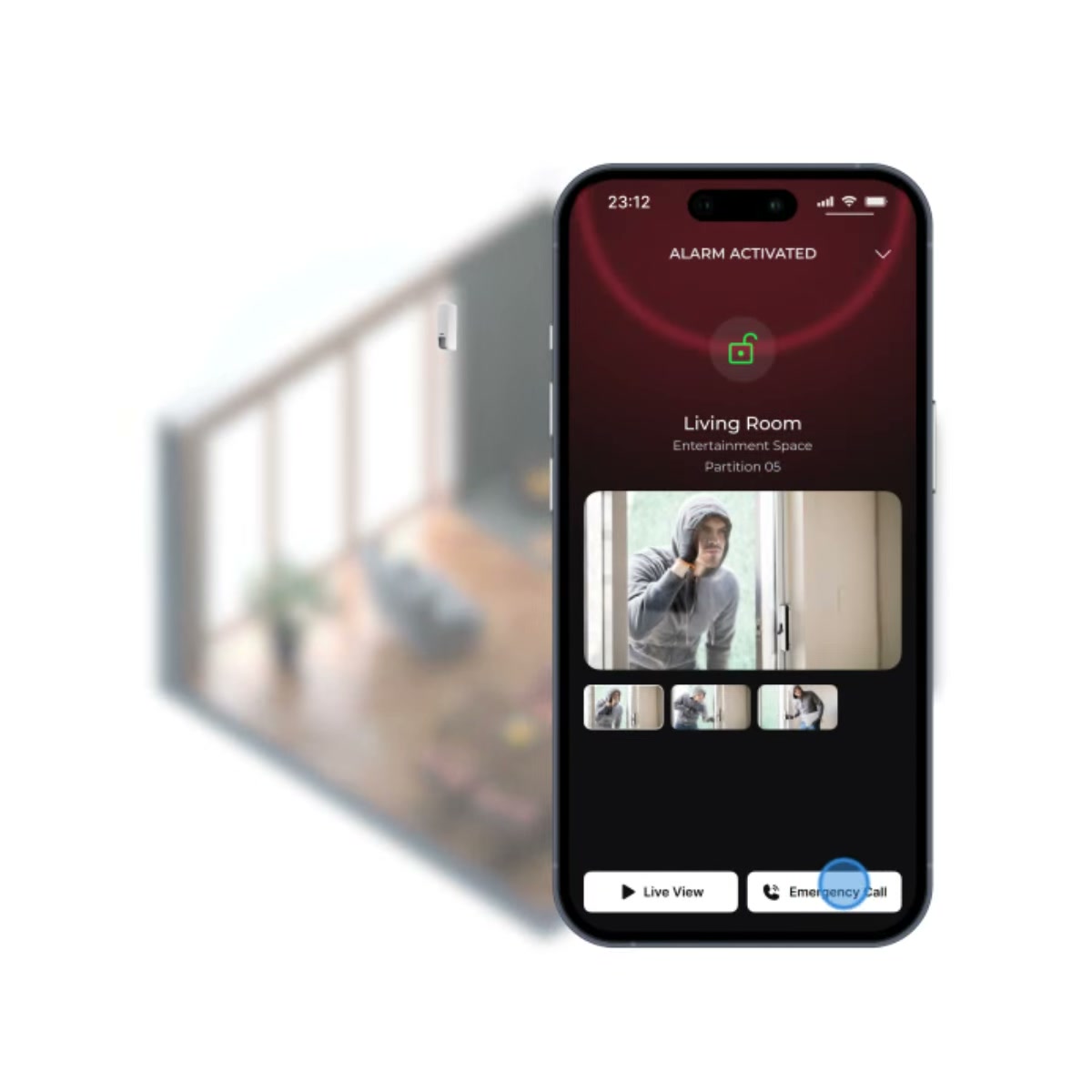 The security app on a phone, showing a live camera view